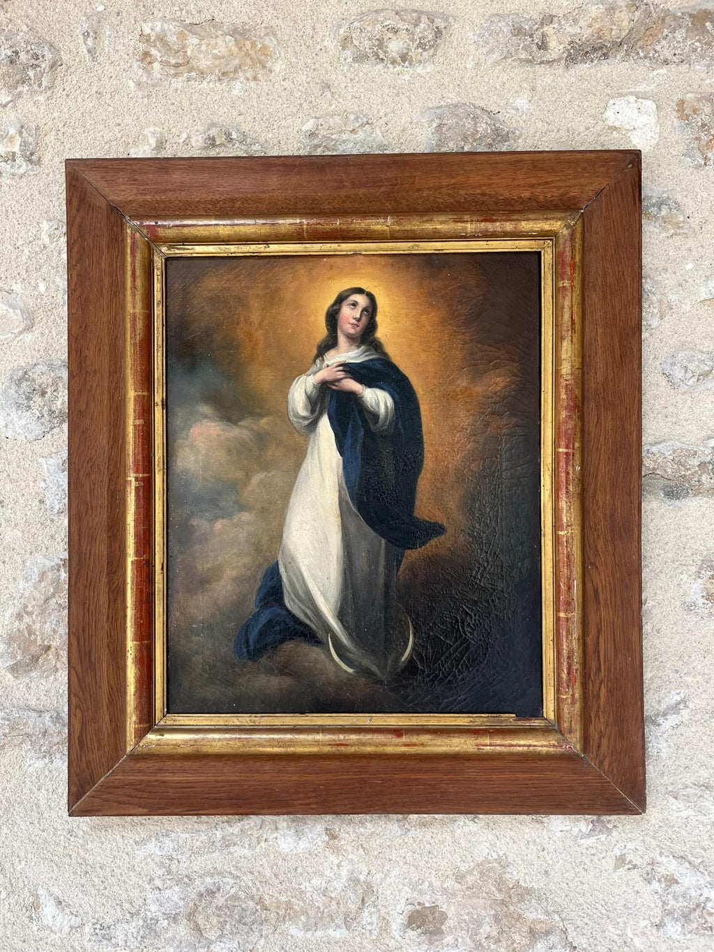 18th century oil on canvas of the immaculate conception of the virgin in Oak frame
