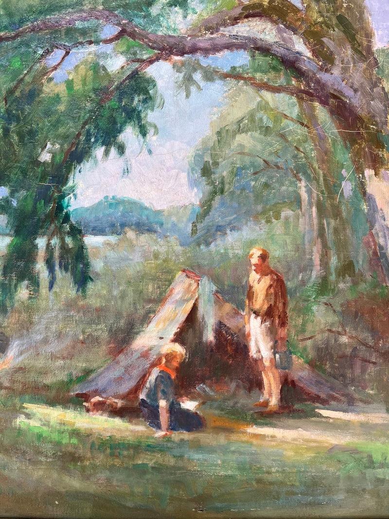 Signed Oil on canvas of camping scene
