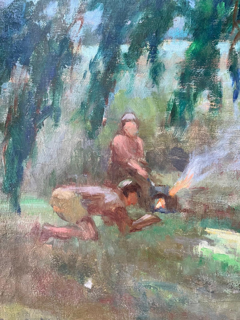 Signed Oil on canvas of camping scene