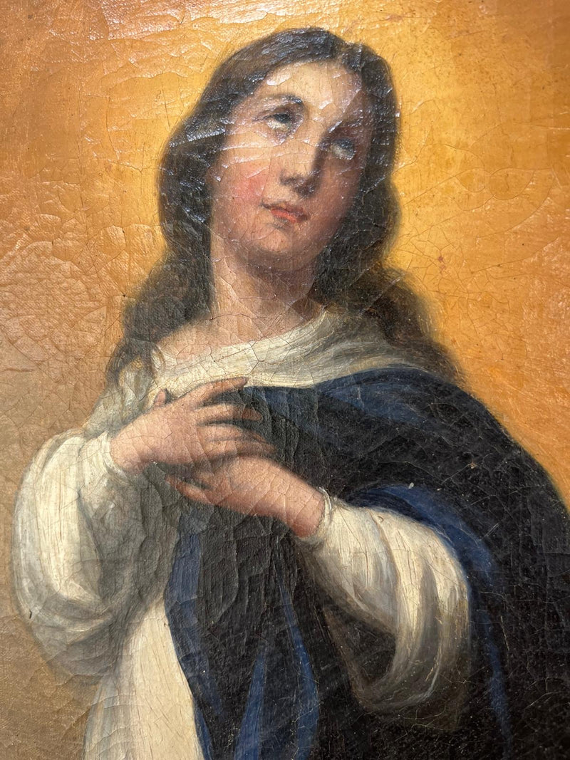 18th century oil on canvas of the immaculate conception of the virgin in Oak frame