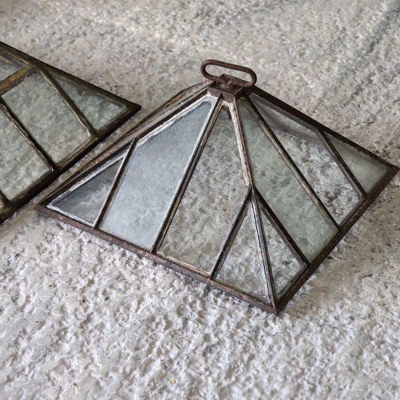 Set of three Victorian iron and glass pyramid garden cloches