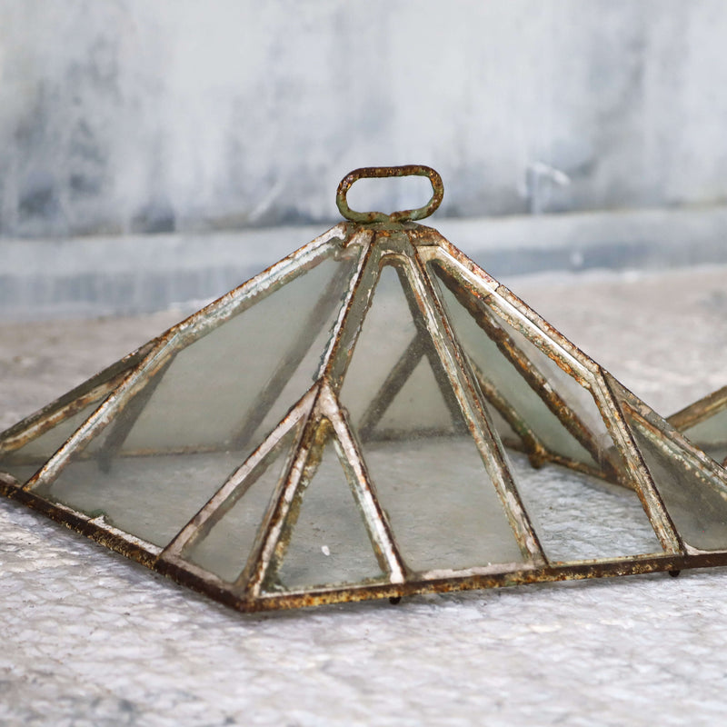 Set of three Victorian iron and glass pyramid garden cloches