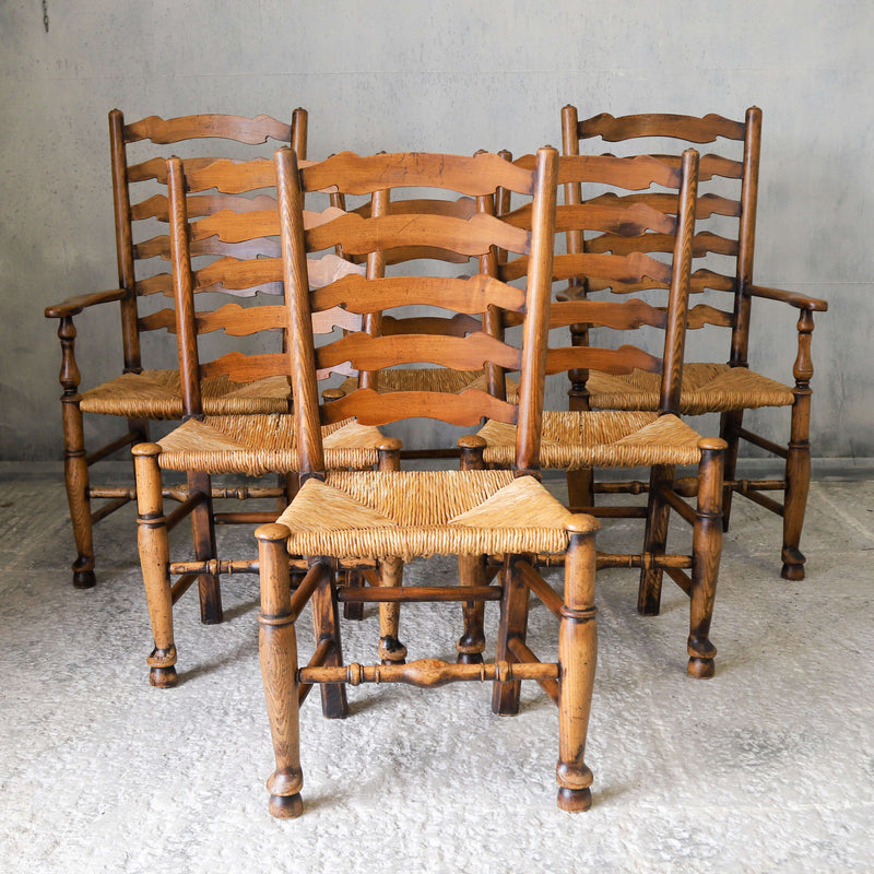 Set of six country ladder back chairs with rush seating