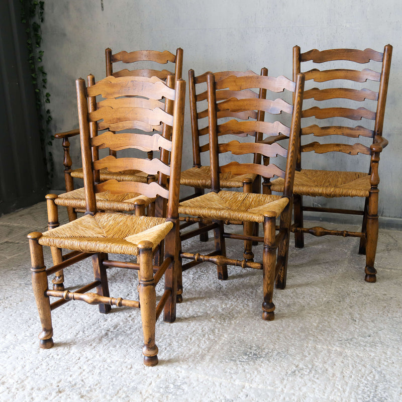 Set of six country ladder back chairs with rush seating