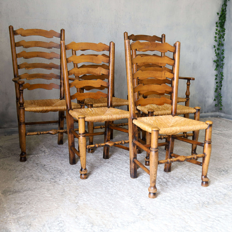 Set of six country ladder back chairs with rush seating