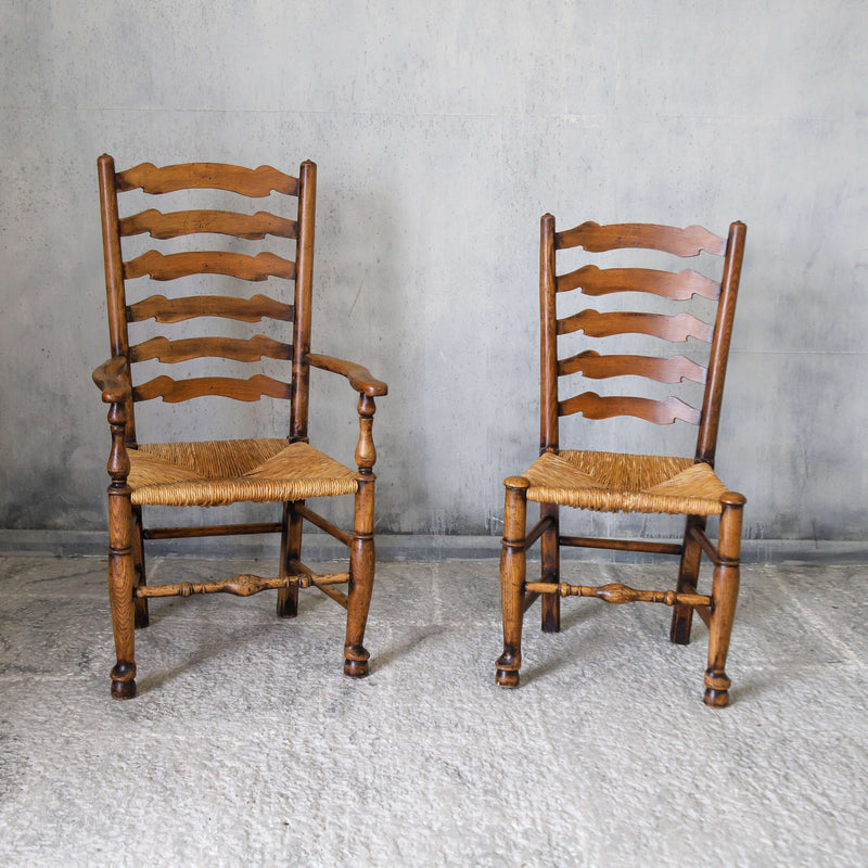 Set of six country ladder back chairs with rush seating