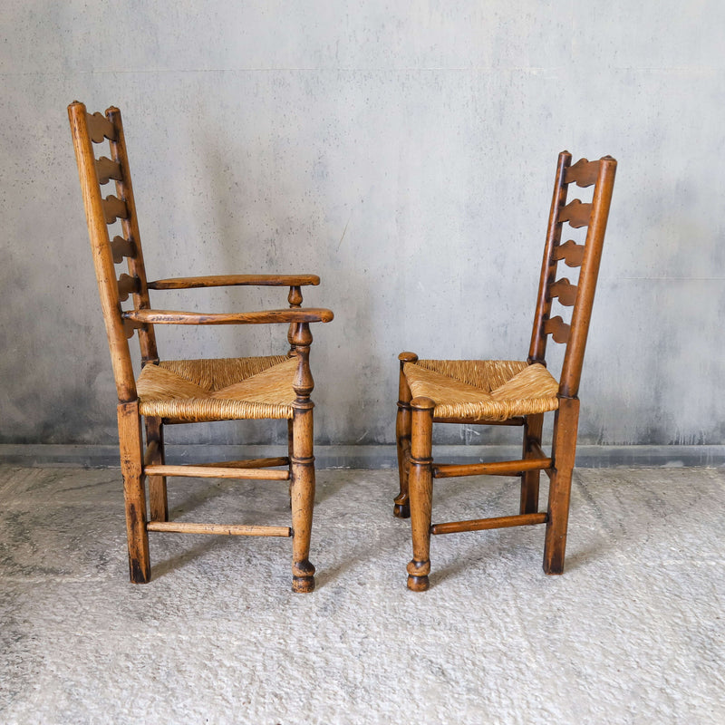 Set of six country ladder back chairs with rush seating