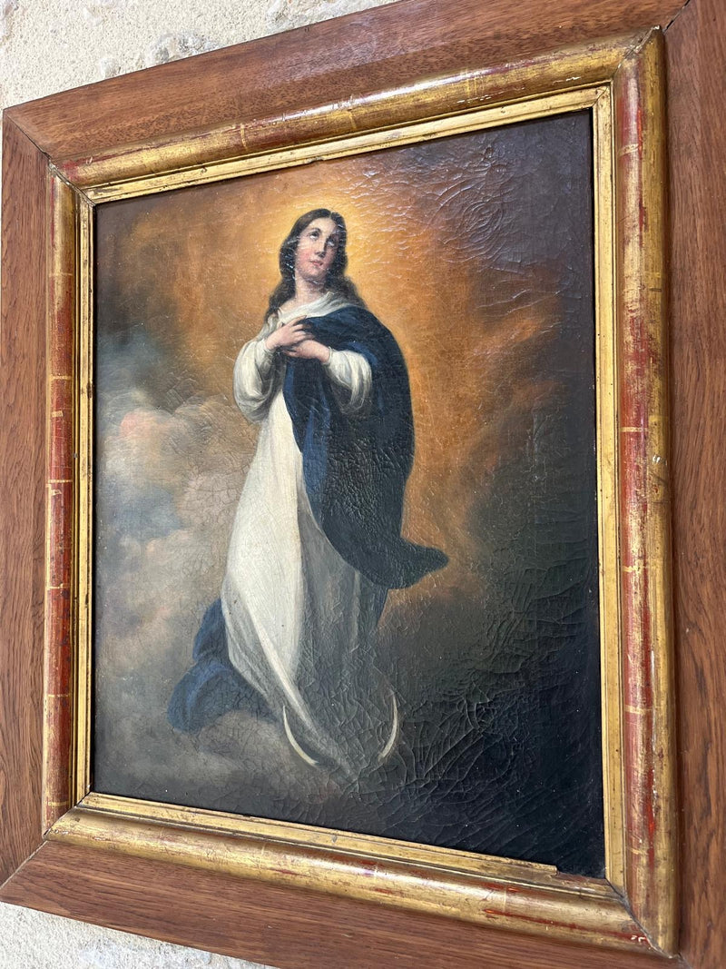 18th century oil on canvas of the immaculate conception of the virgin in Oak frame