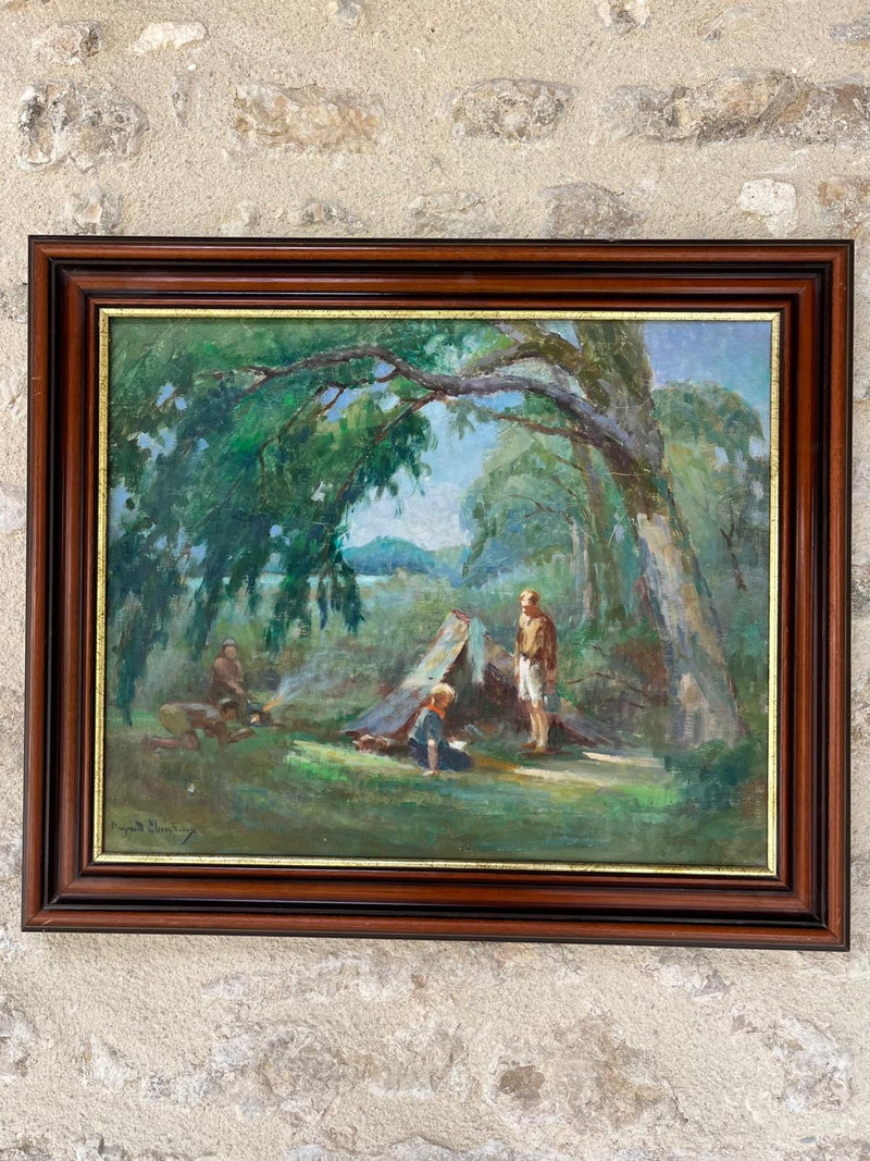 Signed Oil on canvas of camping scene