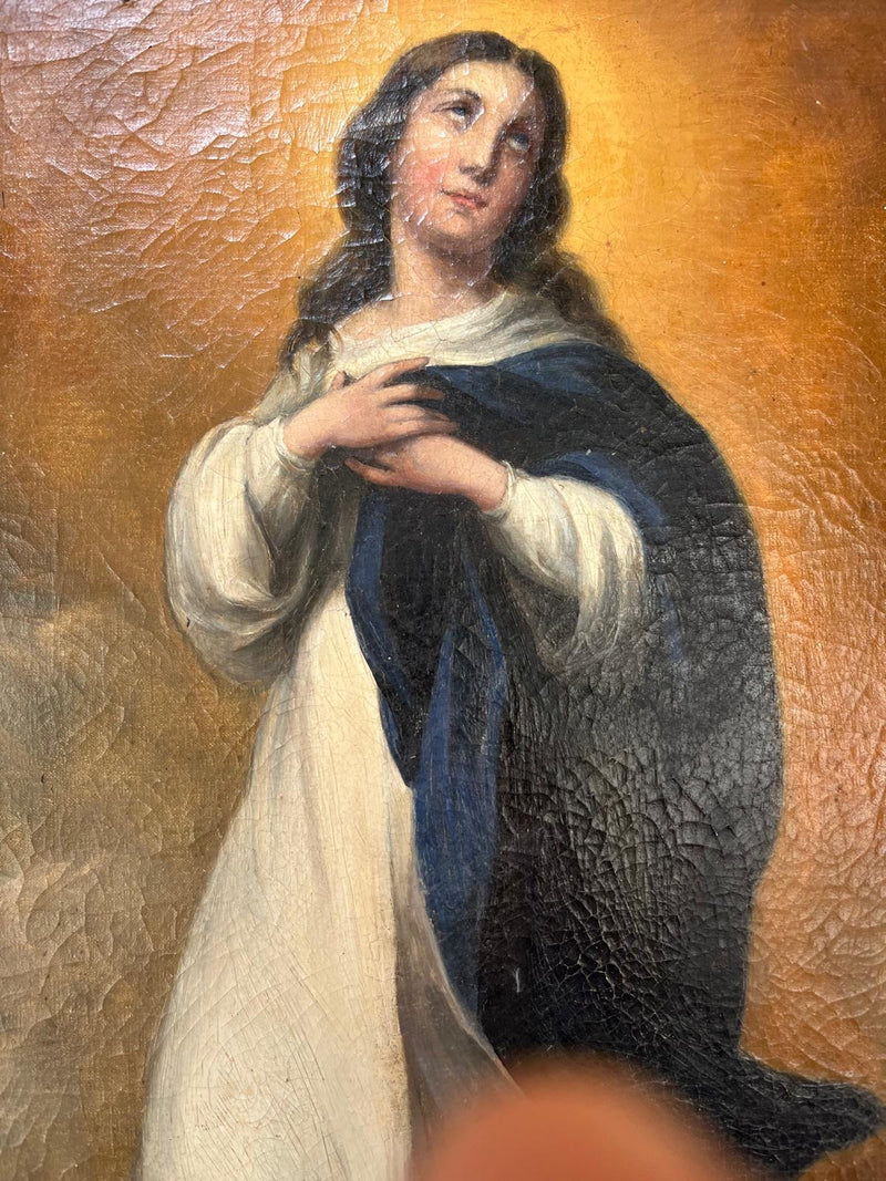 18th century oil on canvas of the immaculate conception of the virgin in Oak frame