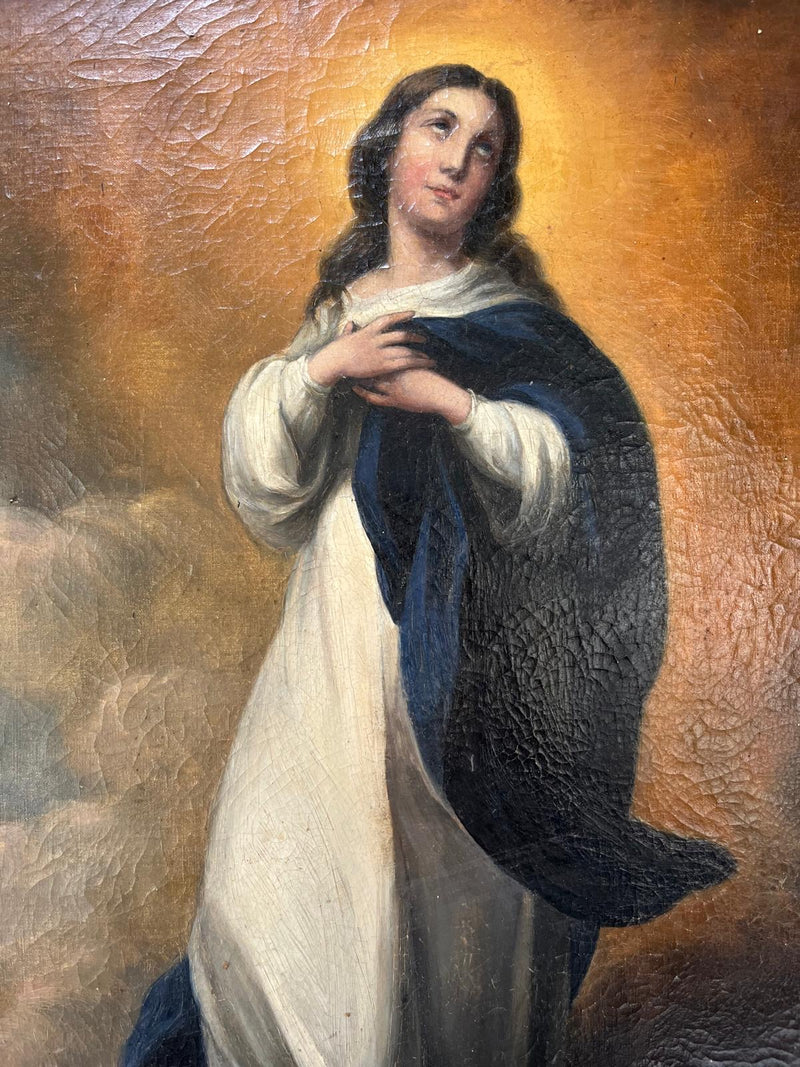 18th century oil on canvas of the immaculate conception of the virgin in Oak frame