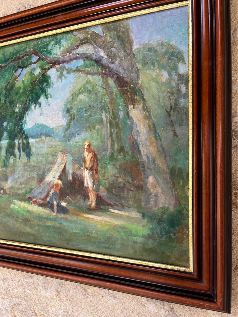 Signed Oil on canvas of camping scene