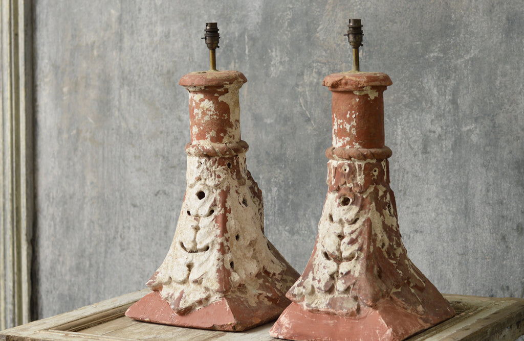 A pair of English 19th Century terracotta table lamps