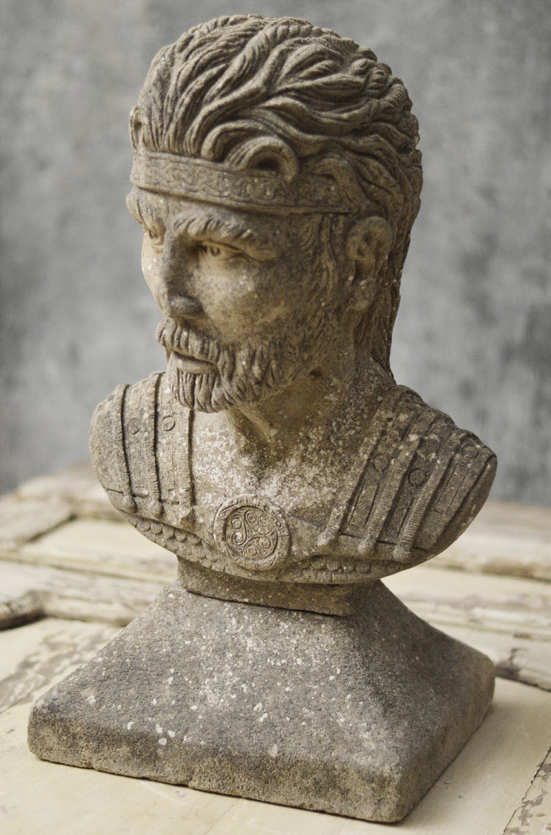 English composite stone bust of a Celtic warrior.
