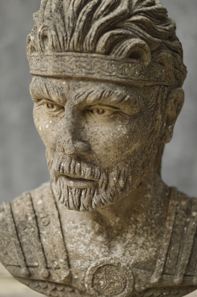 English composite stone bust of a Celtic warrior.