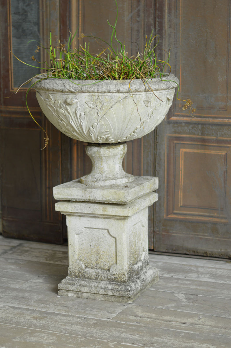ENGLISH STONE URN ON PLINTH